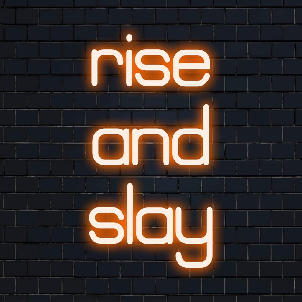 Custom LED neon sign featuring Rise And Slay in vibrant hues, perfect for inspiring and energizing your space.