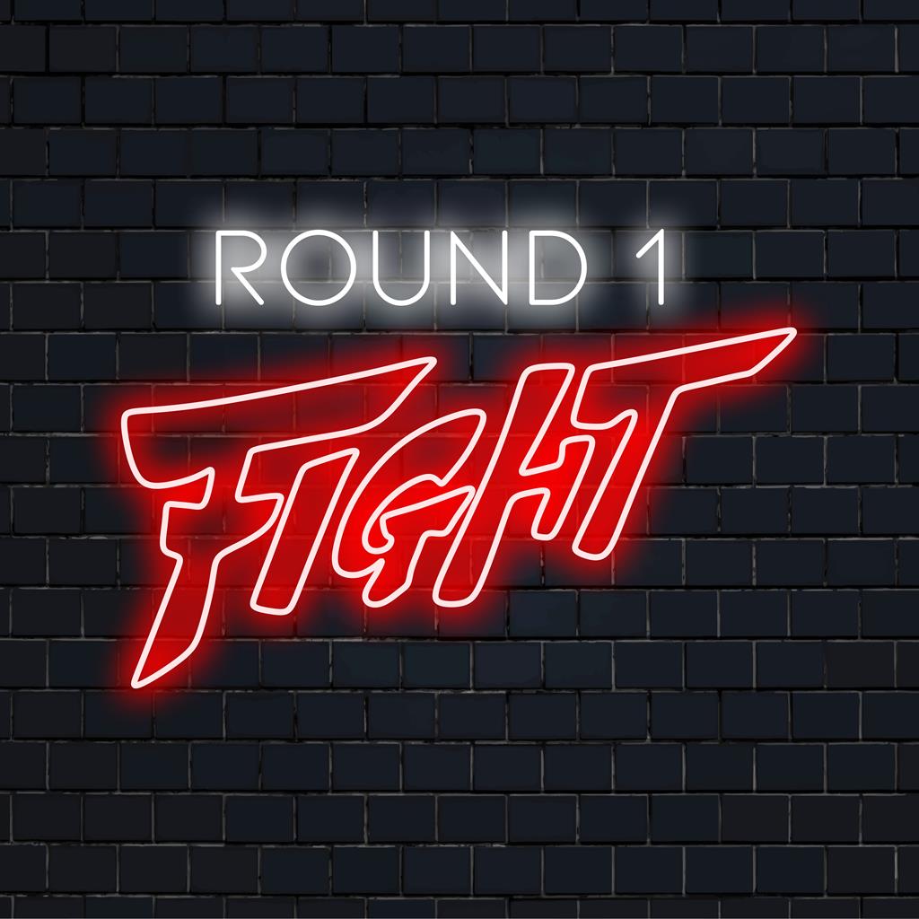 Round 1 Fight neon sign, a vibrant custom LED piece ideal for gaming decor or themed neon wall art.