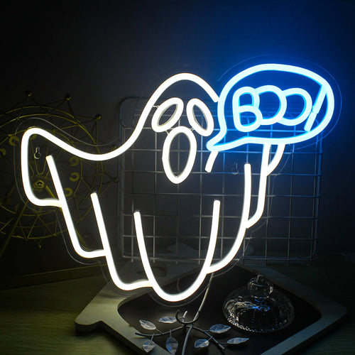 Et LED-neonskilt med Halloween-tema med livlige farver og kreativt design.