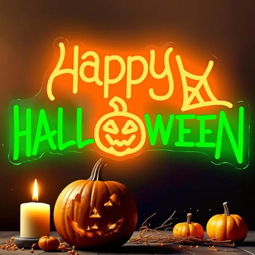 Imaginea prezintă un semn vibrant cu neon LED „Happy Halloween”.
