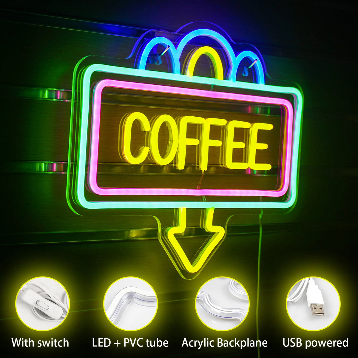 COFFEE – Rektangulær ramme og nedadgående pil – LED-lysskilt (5 V USB)