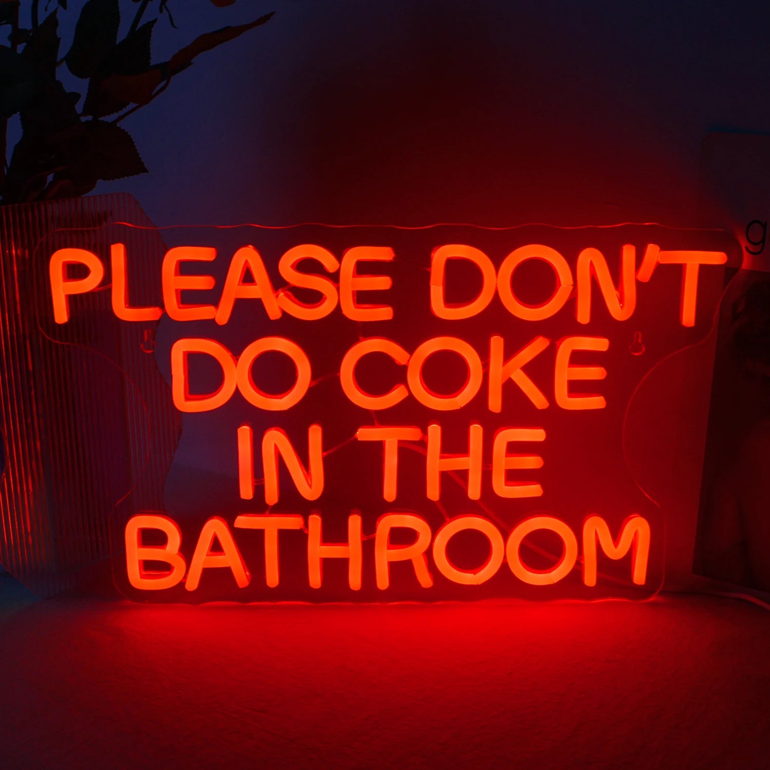 The image displays a handmade LED neon sign featuring the text "Please Don't Do Coke in the Bathroom" in vibrant colors.