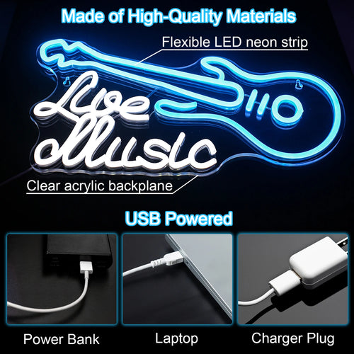 Live Music – Gitarre – LED-Neonschild (5 V USB)