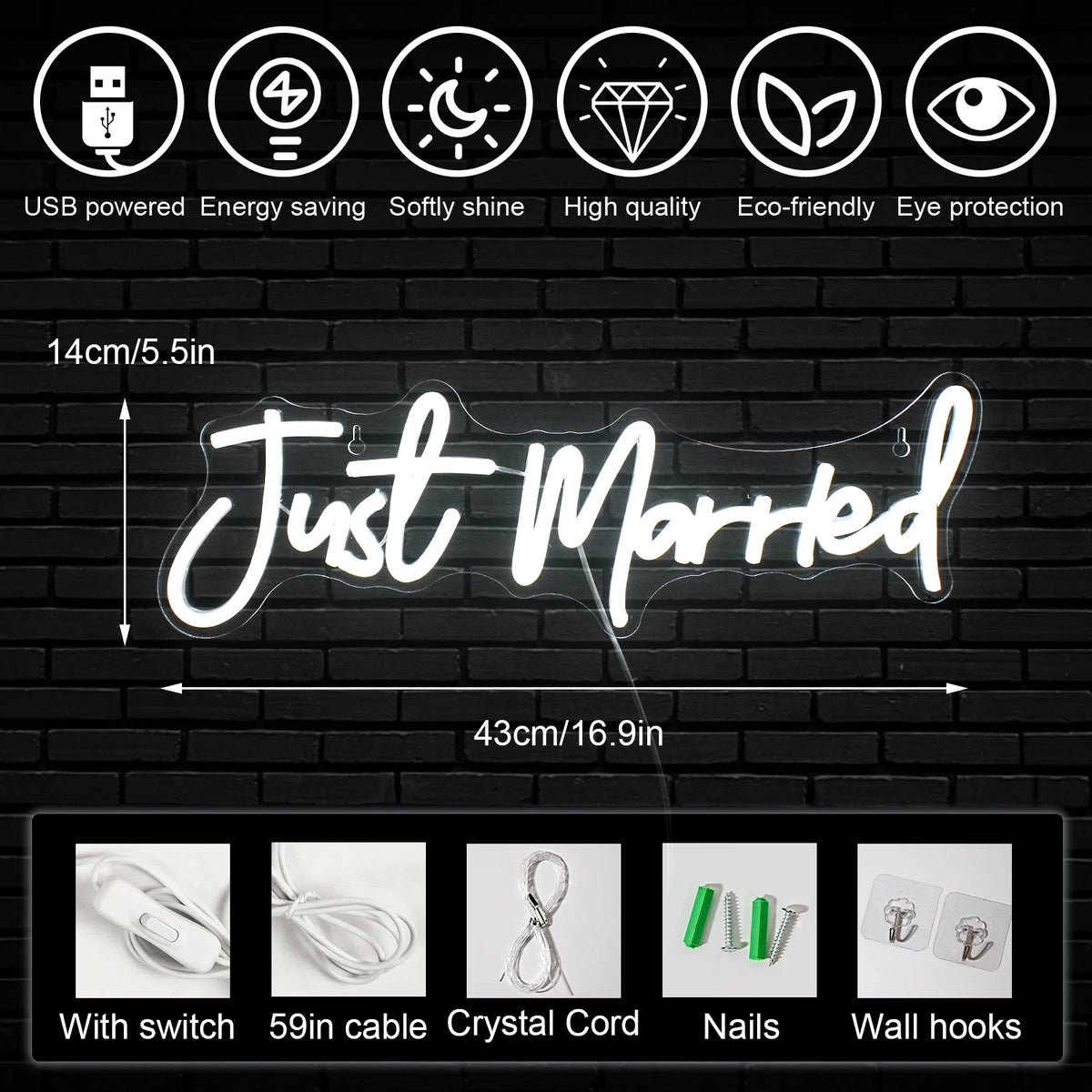 Just Married Wedding – néon LED (5 V USB)