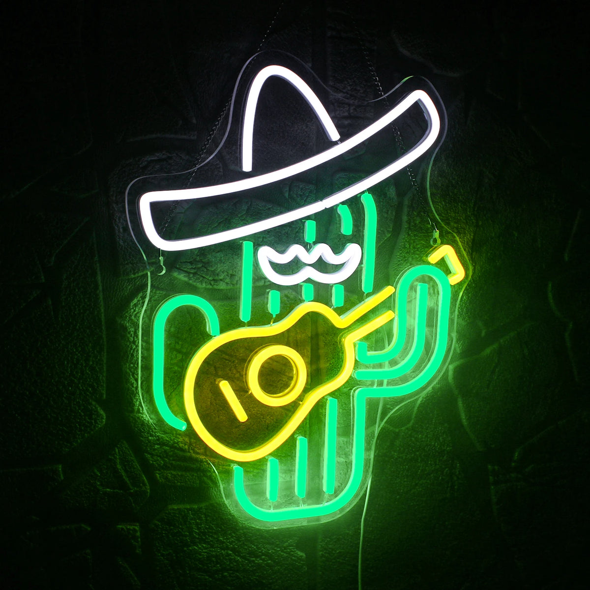 Cactus cowboy jouant de la guitare – néon mural LED (5 V USB)