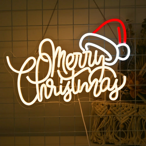 Merry Christmas – Toplo bele črke z Božičkovo kapo – LED neonski napis (5 V USB)