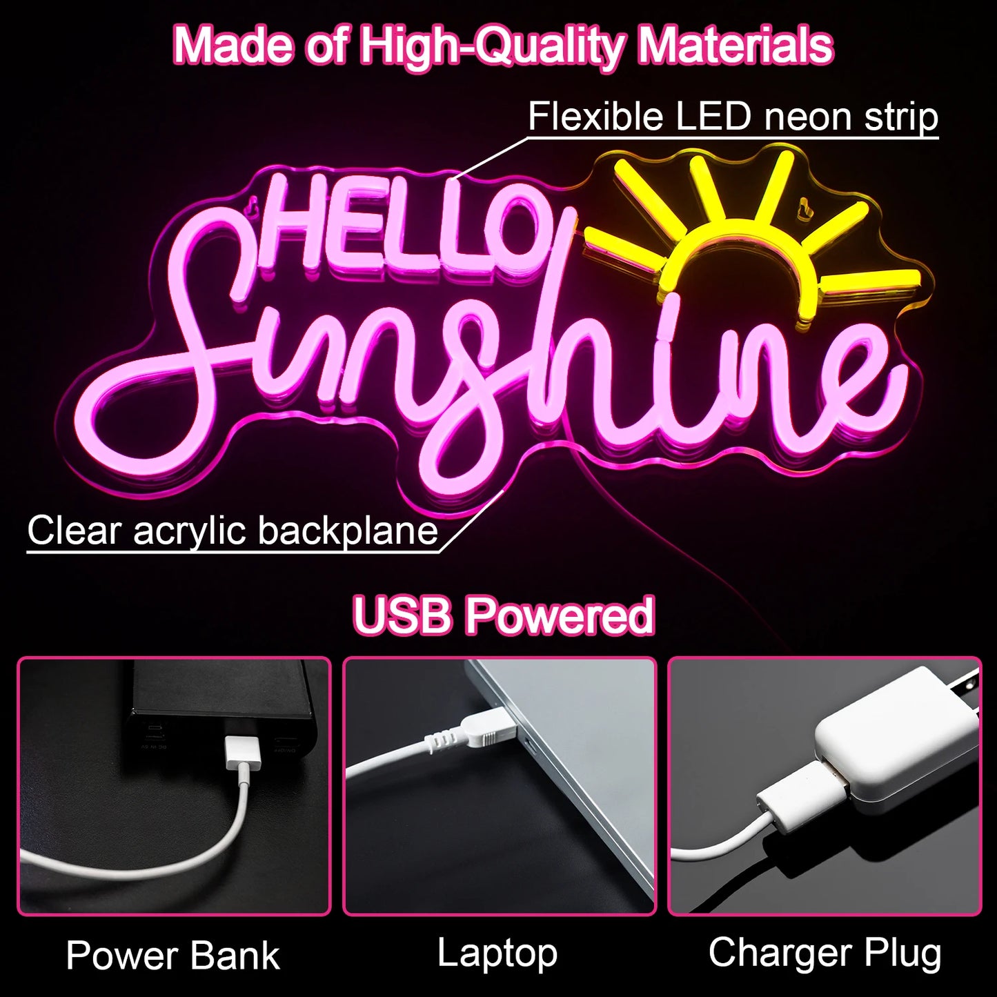 Hello Sunshine 5V Mini USB LED Neon Sign - Budget Friendly