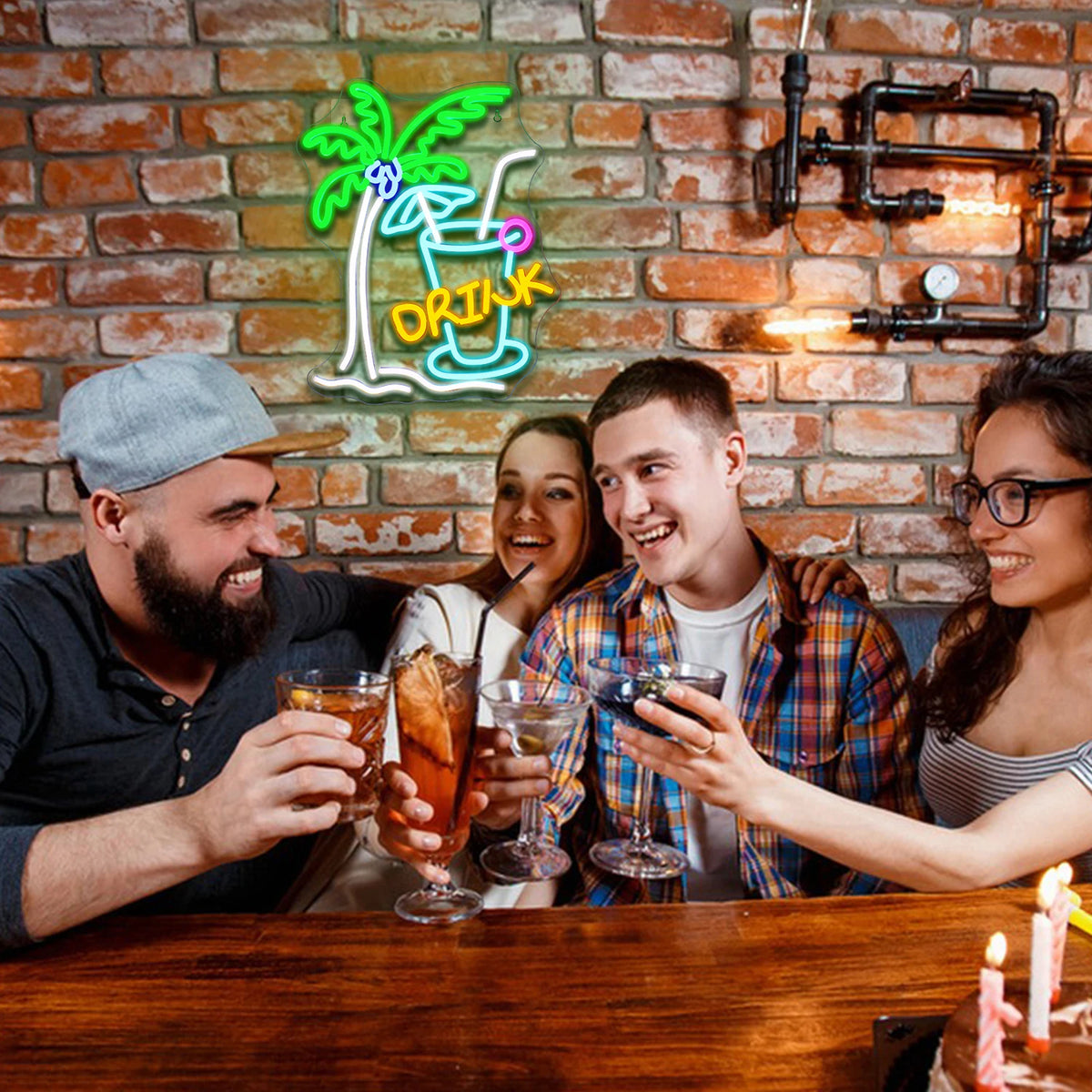 DRINK – Palme und Cocktail – LED-Leuchtschild (5 V USB)
