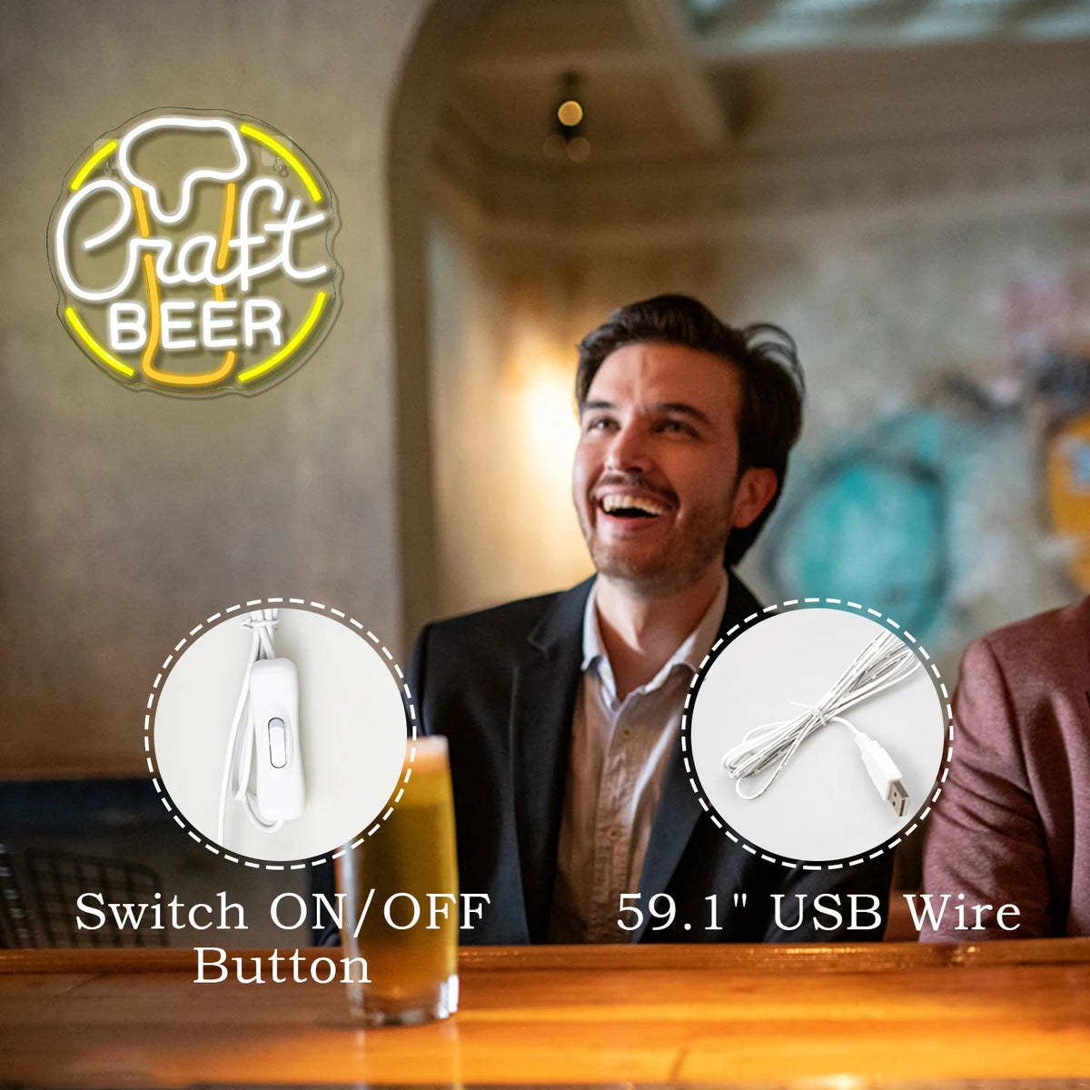 Craft BEER – Szklanka piwa i okrągła ramka – neon reklamowy LED (5 V USB)