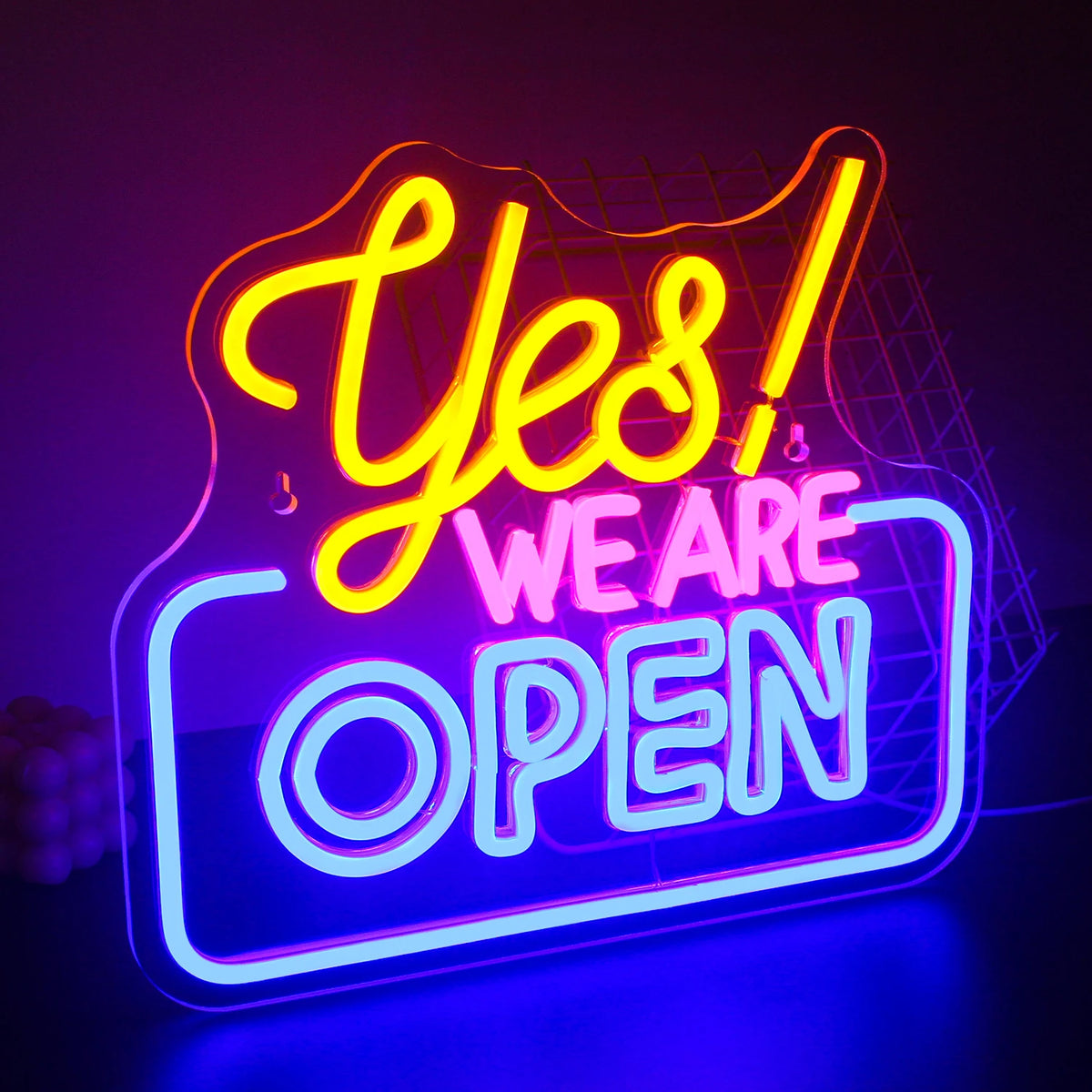 “Yes We Are Open” (правоъгълна рамка) – LED неонова табела (5 V USB)