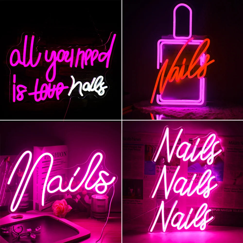 L'image présente un panneau néon LED vibrant affichant la phrase « Tout ce dont vous avez besoin, ce sont des ongles » dans une police esthétiquement agréable.