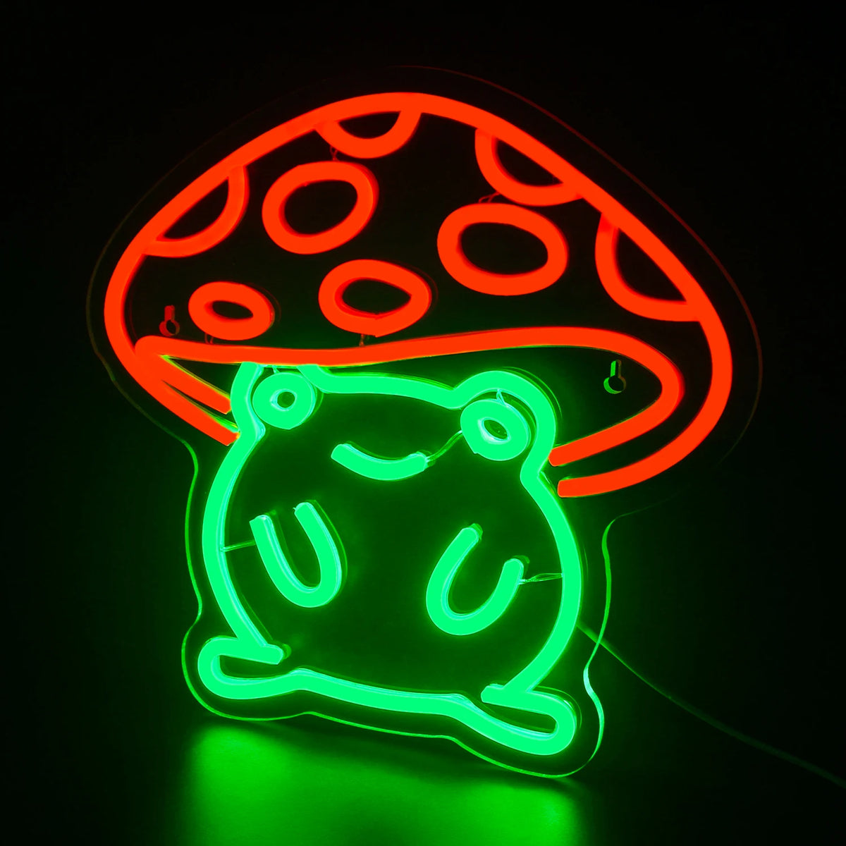 Billedet har et levende LED-neonskilt i form af en sød frø i anime-stil.
