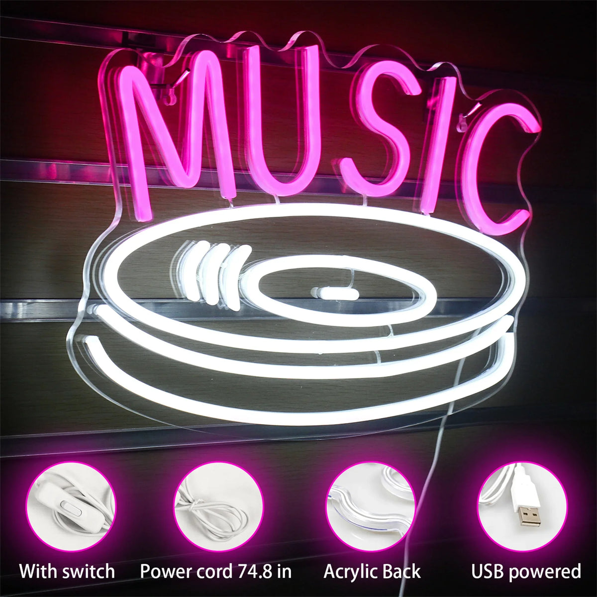 MUSIC – Disco de vinilo – cartel de neón LED (5 V USB)