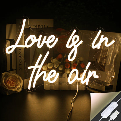 The image features a vibrant and stylish LED neon sign that reads "Love is in the Air" in elegant cursive script.