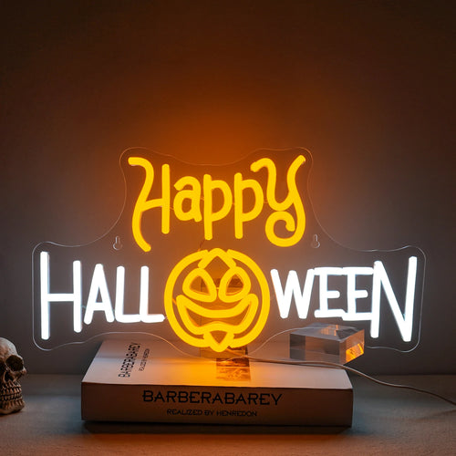 Élénk LED-es neonreklám, amelyen a "Happy Halloween" felirat látható ünnepi betűtípussal.