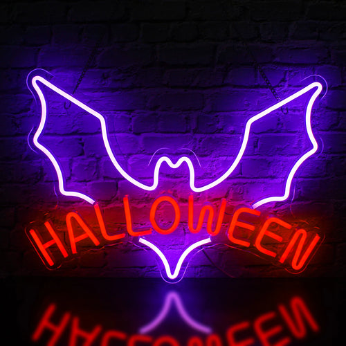 Et glødende, håndlavet LED-neonskilt viser ordet "Halloween" i levende orange og lilla farver.