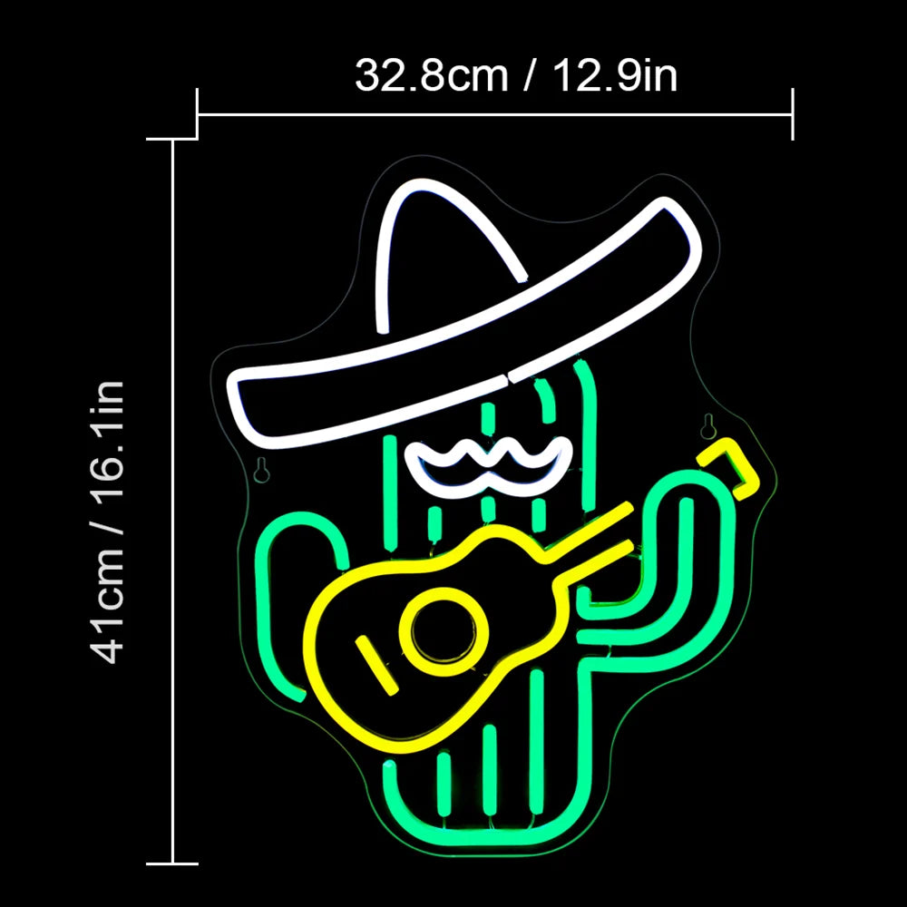 Cactus cowboy jouant de la guitare – néon mural LED (5 V USB)