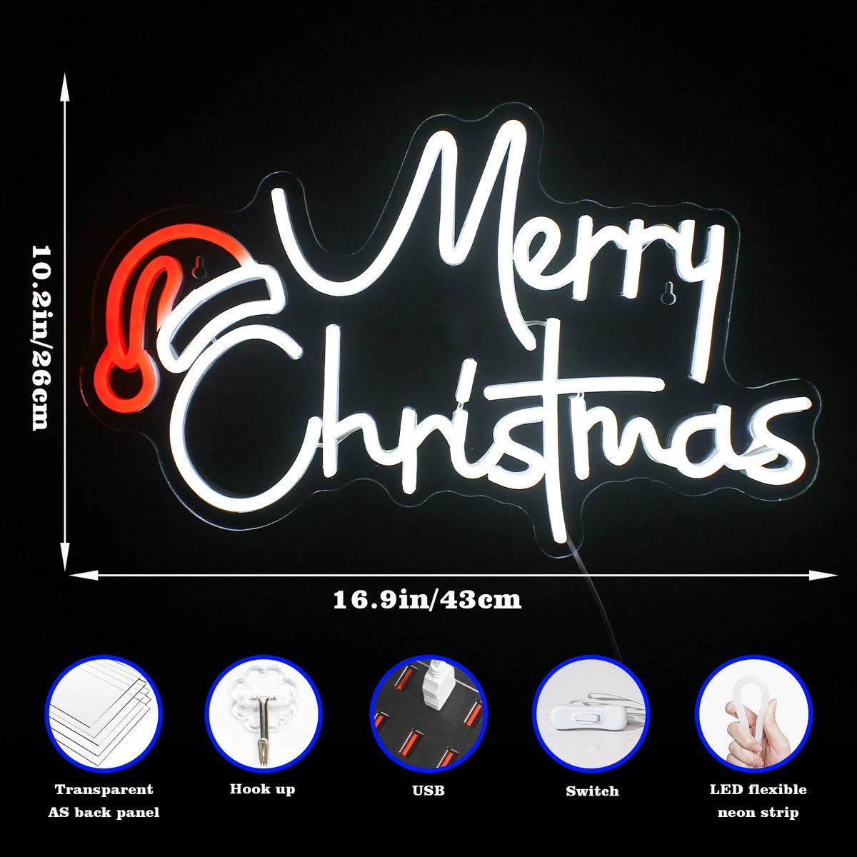 Merry Christmas – Nissehue – LED-lysskilt (5 V USB)