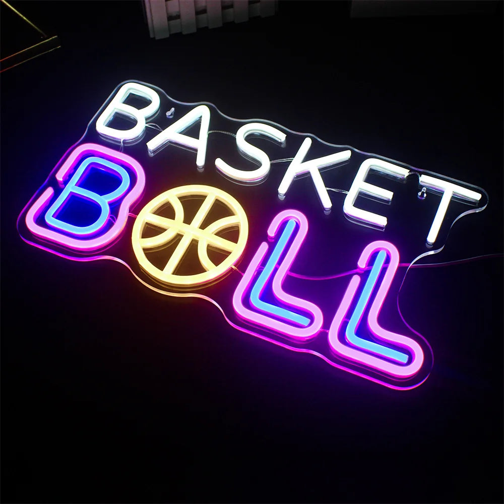 BASKET BALL – Kosárlabda a BALL szó A betűje helyén – LED-neon fényreklám (5 V USB)