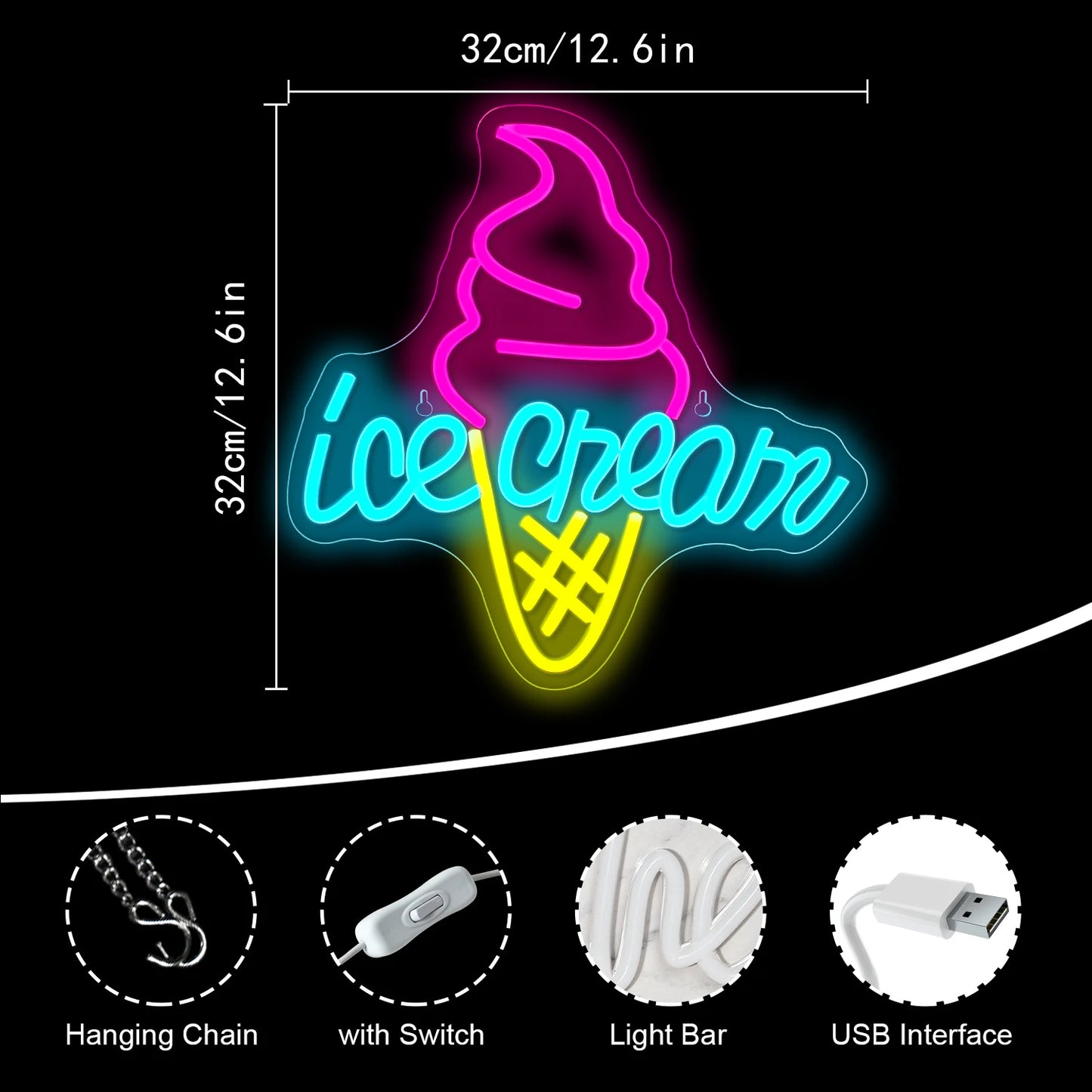 Ice Cream 5V Mini USB LED Neon Sign - Budget Friendly