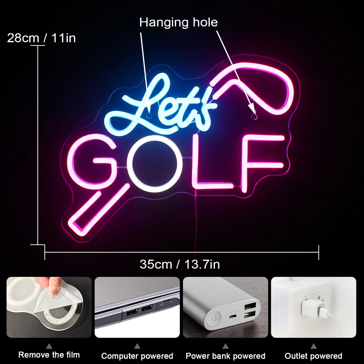 Let's GOLF – Palo de golf – rótulo de neón LED (5 V USB)