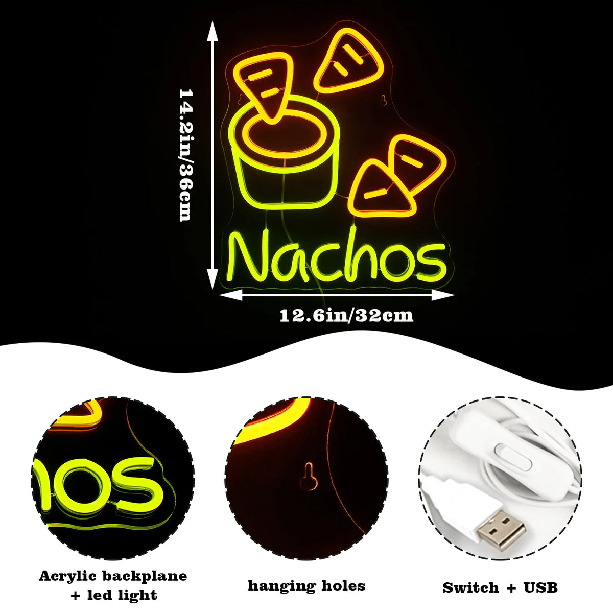 Nachos – Tortiljakrõpsud ja dipikaste – LED-neoonreklaam (5 V USB)