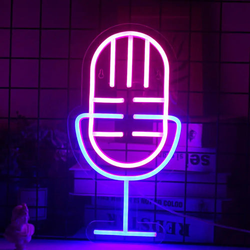 Un panou luminos LED neon, în formă de microfon clasic.