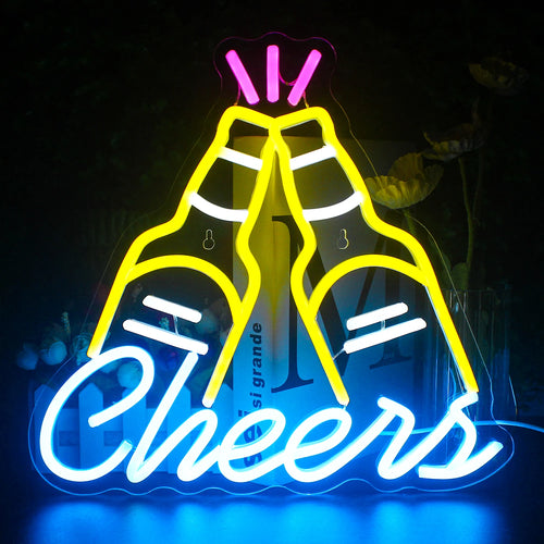 Una vivace insegna al neon a LED che mostra la parola "Cin cin" in corsivo.