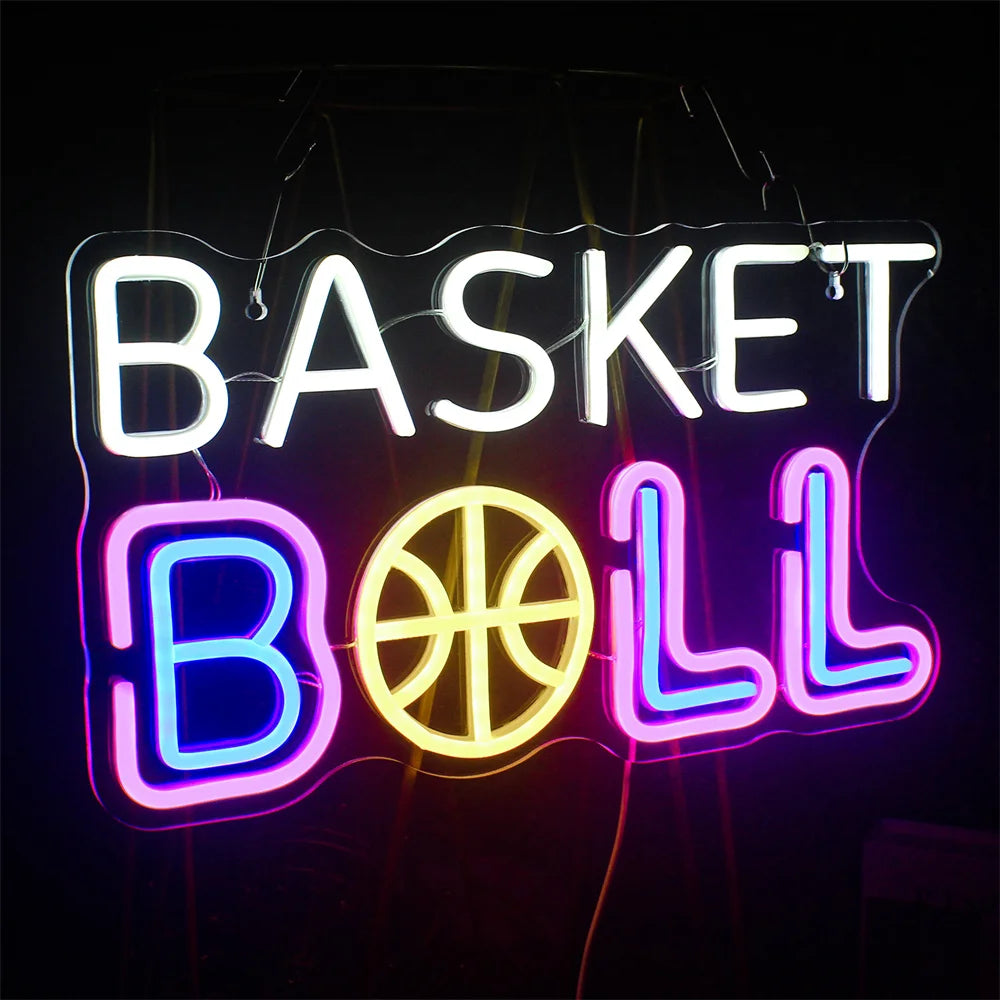 BASKET BALL – Kosárlabda a BALL szó A betűje helyén – LED-neon fényreklám (5 V USB)