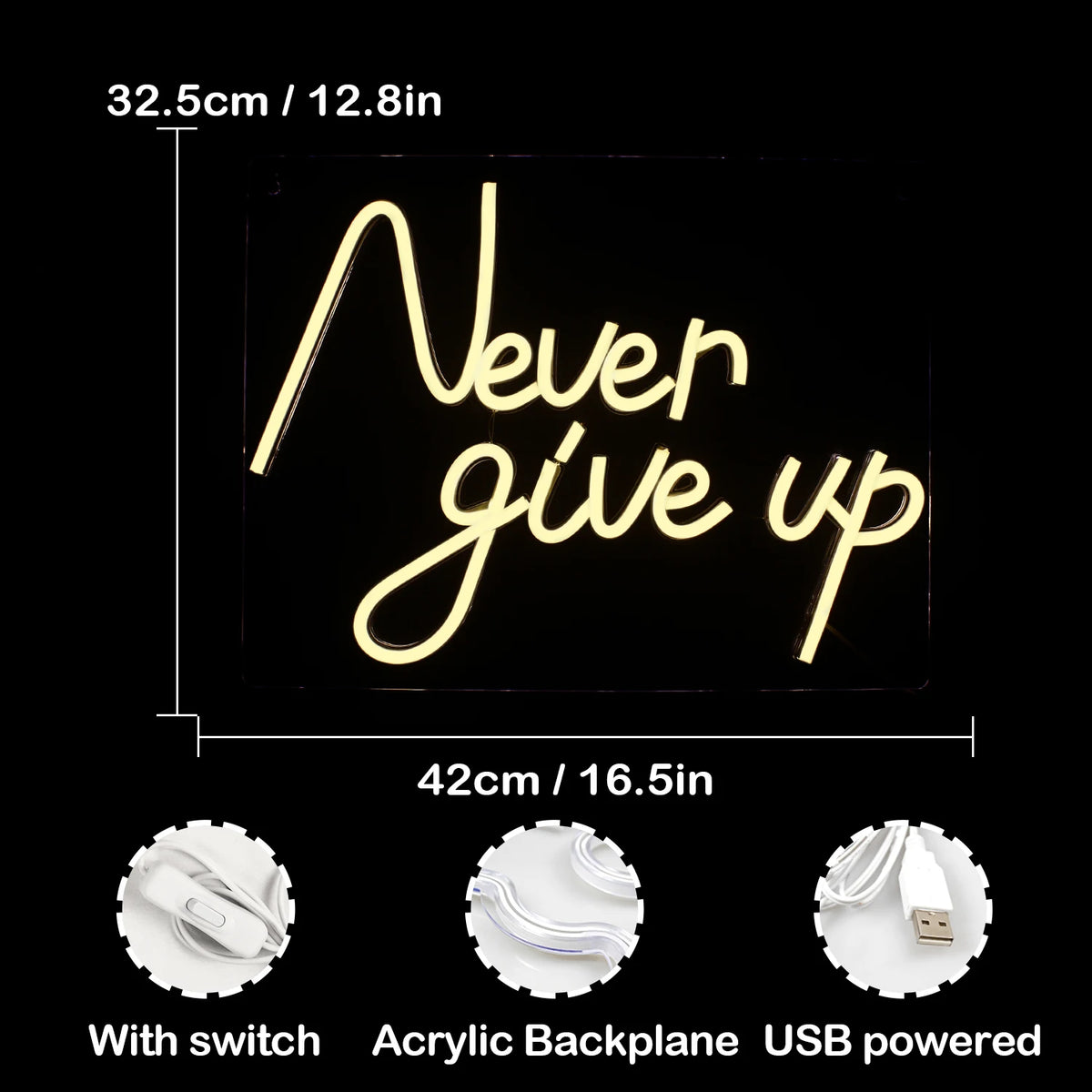 Never Give Up – néon LED (5 V USB)