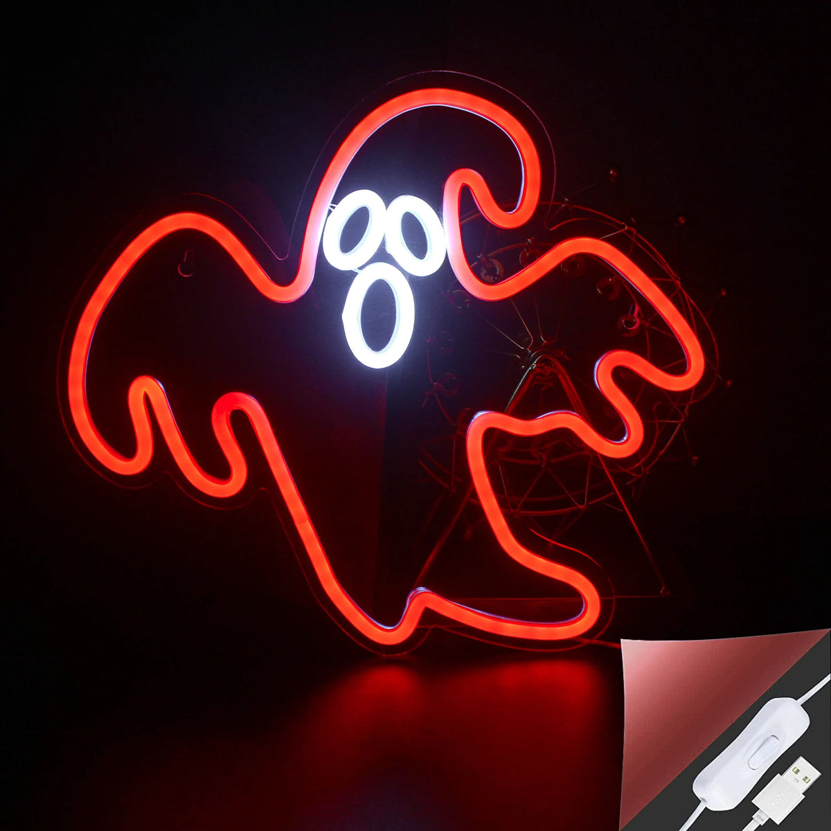 L'image présente une enseigne au néon LED vibrante et faite à la main, conçue spécifiquement pour Halloween.