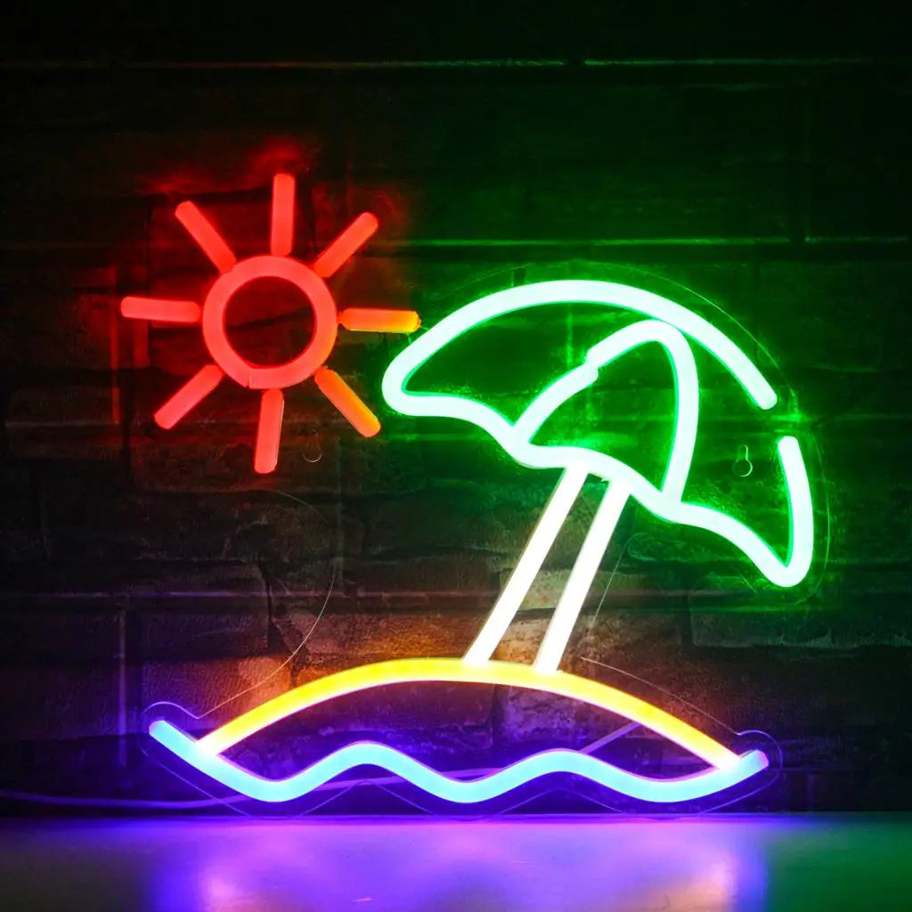 Das Bild zeigt ein leuchtendes LED-Neonschild mit der Aufschrift „Beach Sun“.