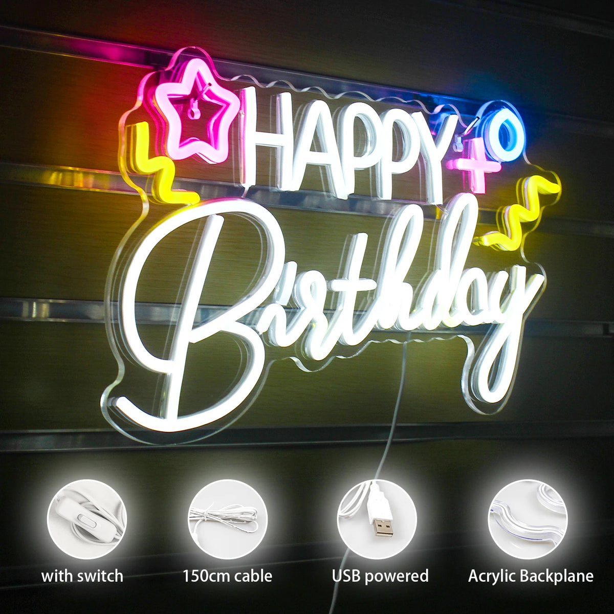 HAPPY Birthday – Csillag és színes szimbólumok – LED-neon felirat (5 V USB)