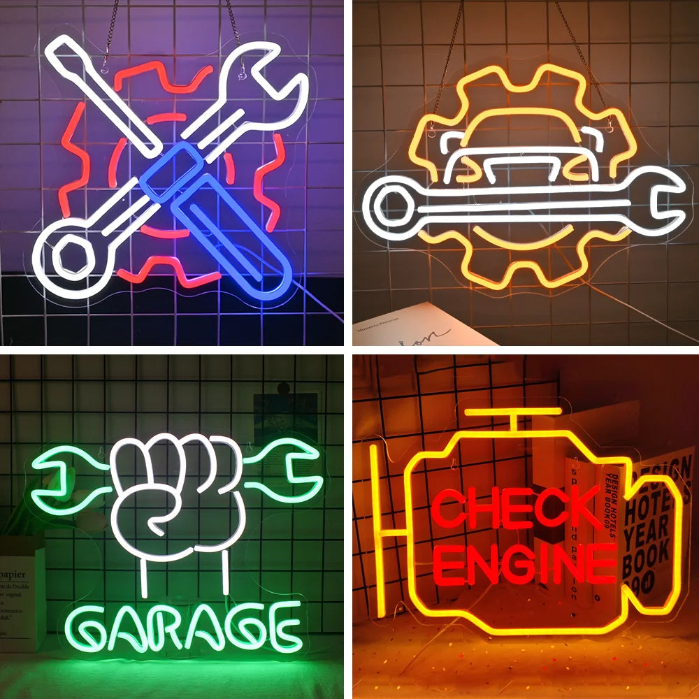 Een levendig LED-neonbord met de tekst 'Garage' in opvallende, strakke letters, verlicht door helder wit licht.