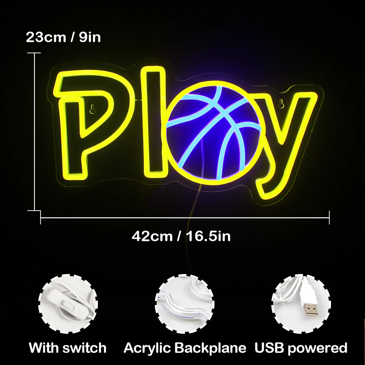 Play – Balón de baloncesto en lugar de la A – rótulo de neón LED (5 V USB)