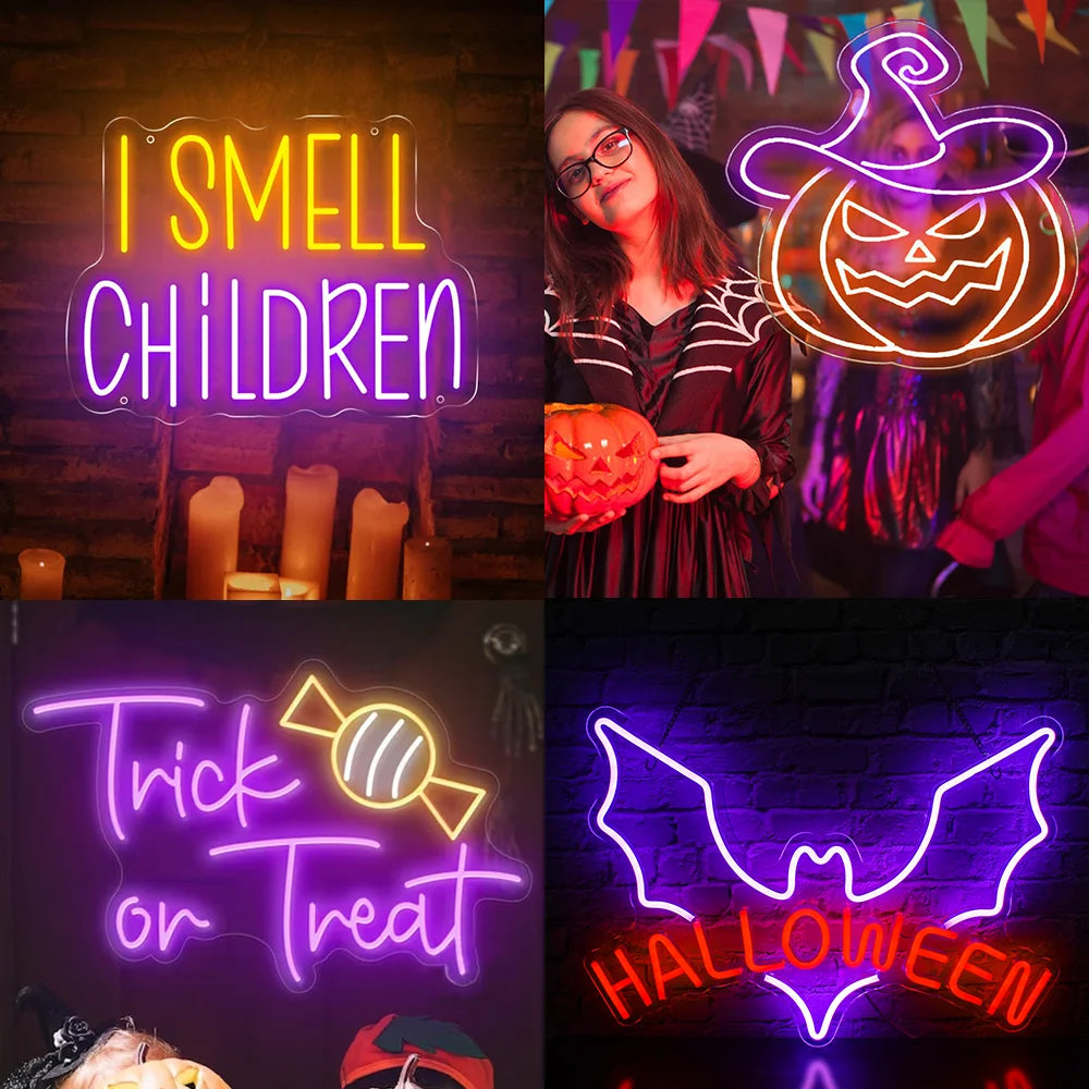 L'image montre un panneau néon LED vibrant sur lequel est écrit « Trick or Treat » en lettres ludiques et stylisées.