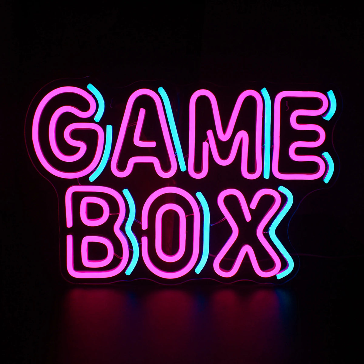 Élénk és színes "Game Box" LED neonreklám merész, kreatív betűkkel.