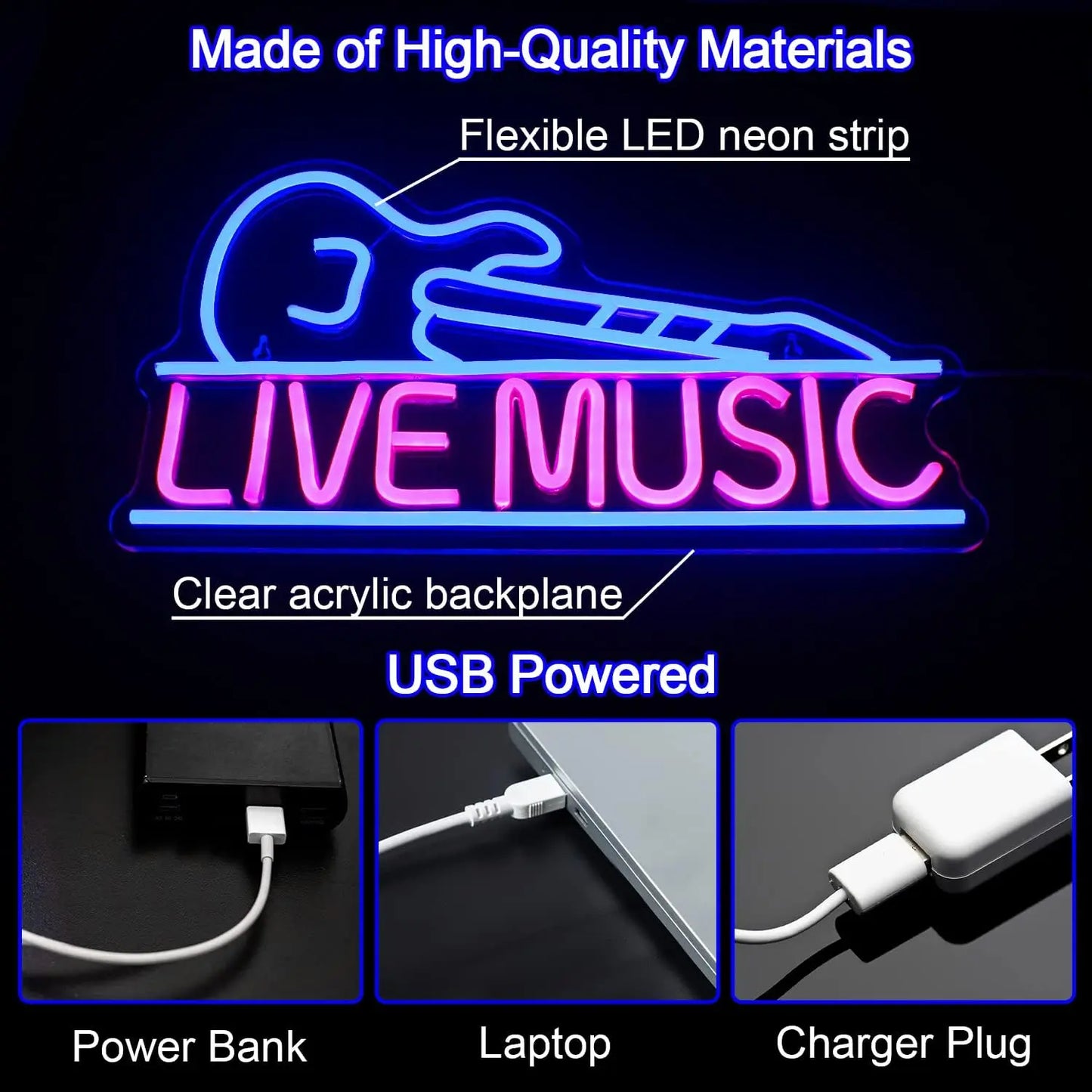 Live Music Guitar 5V Mini USB LED Neon Sign - Budget Friendly