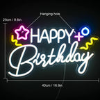 HAPPY Birthday – Csillag és színes szimbólumok – LED-neon felirat (5 V USB)