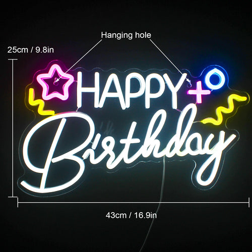 HAPPY Birthday – Звезда и цветни символи – LED неонова табела (5 V USB)