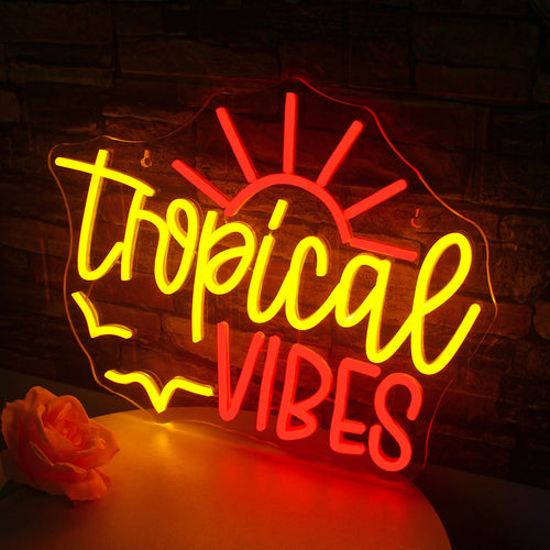 Tropical VIBES – Ήλιος και πουλιά – επιγραφή LED νέον (5 V USB)