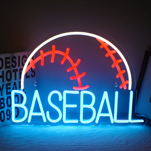 Μια ζωντανή φωτεινή επιγραφή LED του Baseball που λάμπει σε έναν συνδυασμό φωτεινών λευκών και κόκκινων χρωμάτων.