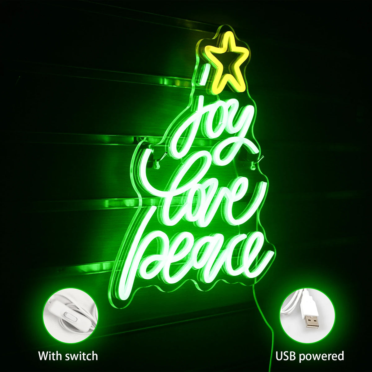joy love peace – Brad de Crăciun format din cuvinte, cu stea – semn luminos neon LED (5 V USB)