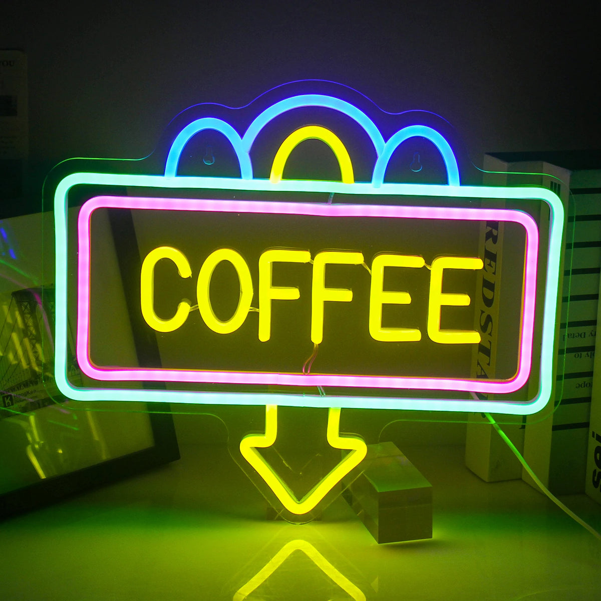 COFFEE – Rektangulær ramme og nedadgående pil – LED-lysskilt (5 V USB)