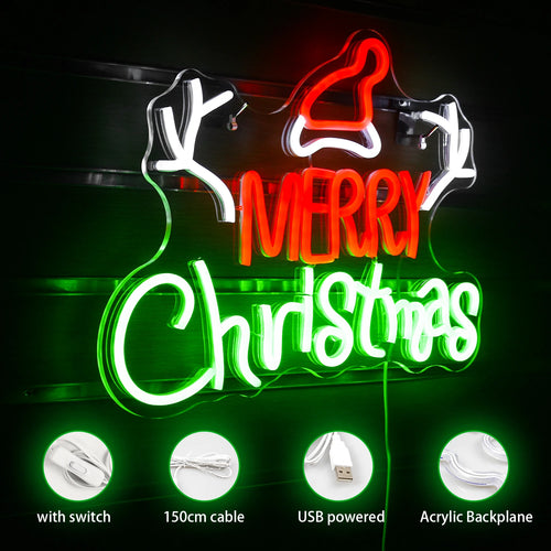 MERRY Christmas – Santova čepice a parohy – světelný LED neonový nápis (5 V USB)
