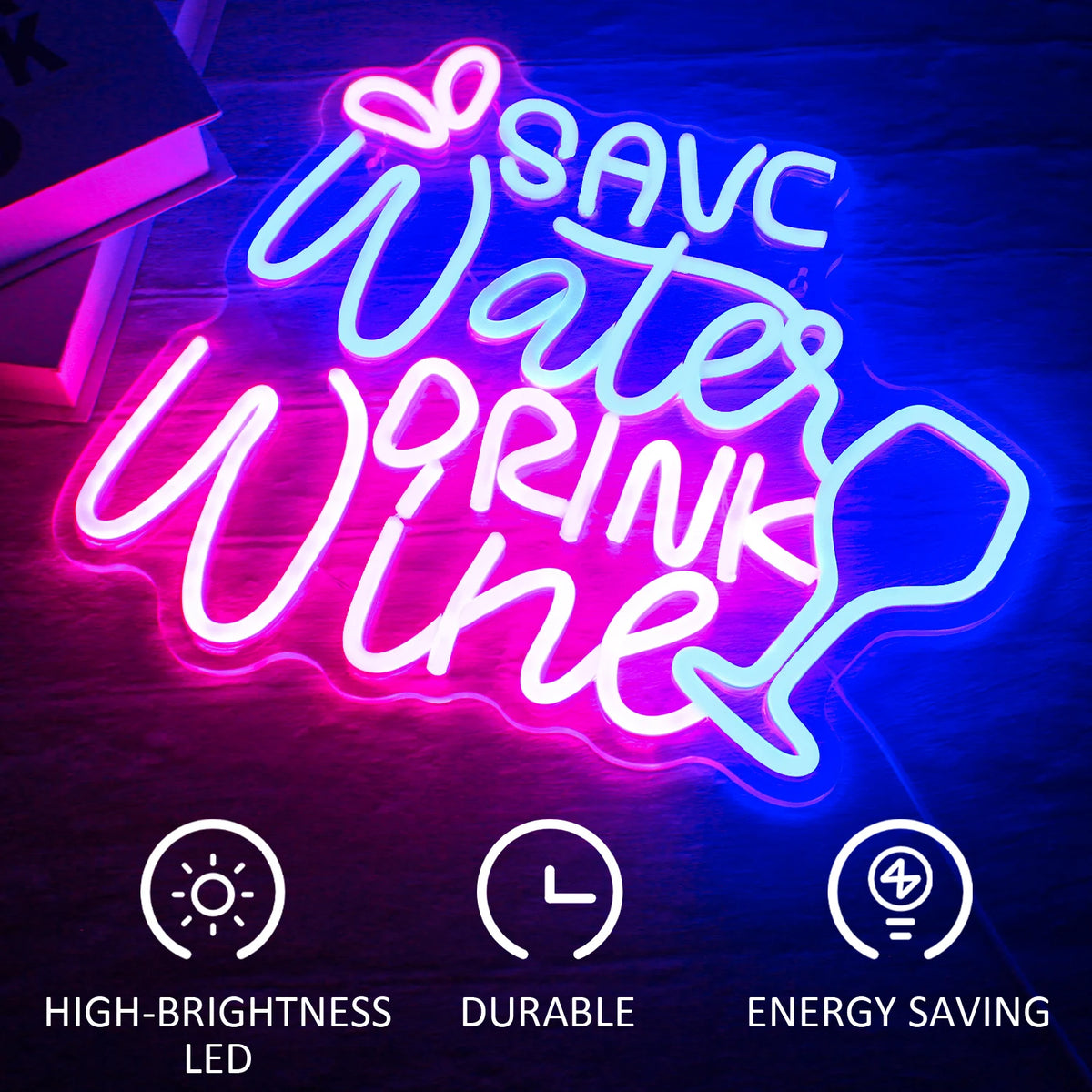 SAVE Water DRINK Wine – Vinglas og dråber – LED-lysskilt (5 V USB)