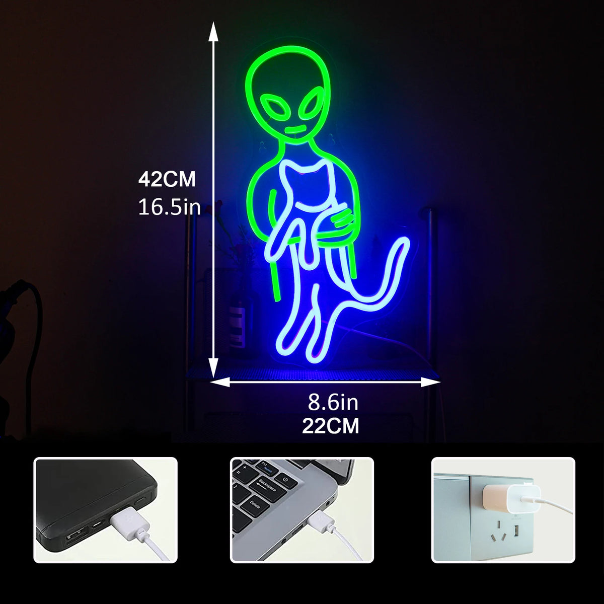 Extraterrestre vert – néon mural LED (5 V USB)