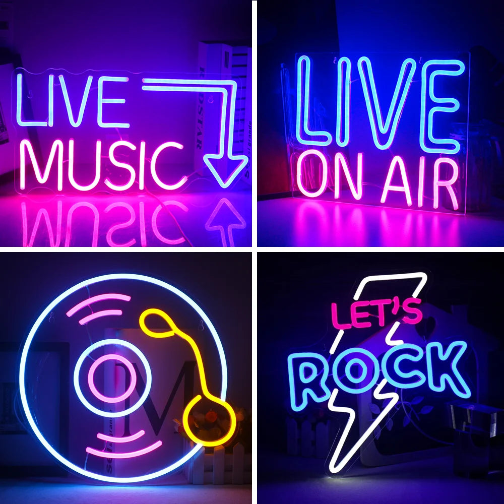 L'image présente un panneau néon LED vibrant sur lequel est écrit « Live Music » en lettres lumineuses et éclatantes.