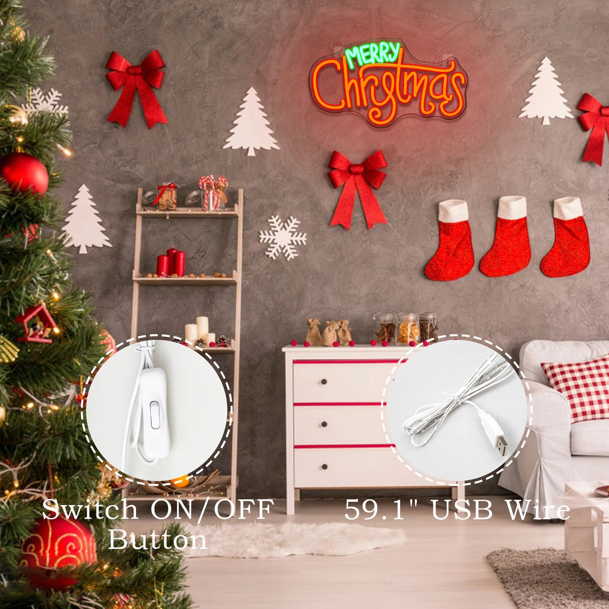 Merry Christmas – letrero de neón LED (5 V USB)