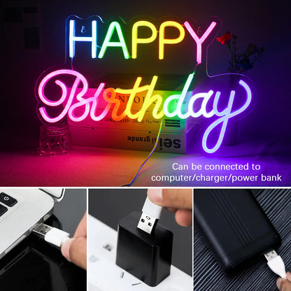 Led Happy Birthday Colour 5V Mini USB LED Neon Sign - Budget Friendly